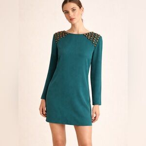 Tibi Silk Shift Dress Teal Studded Shoulder Long Sleeve Size Small